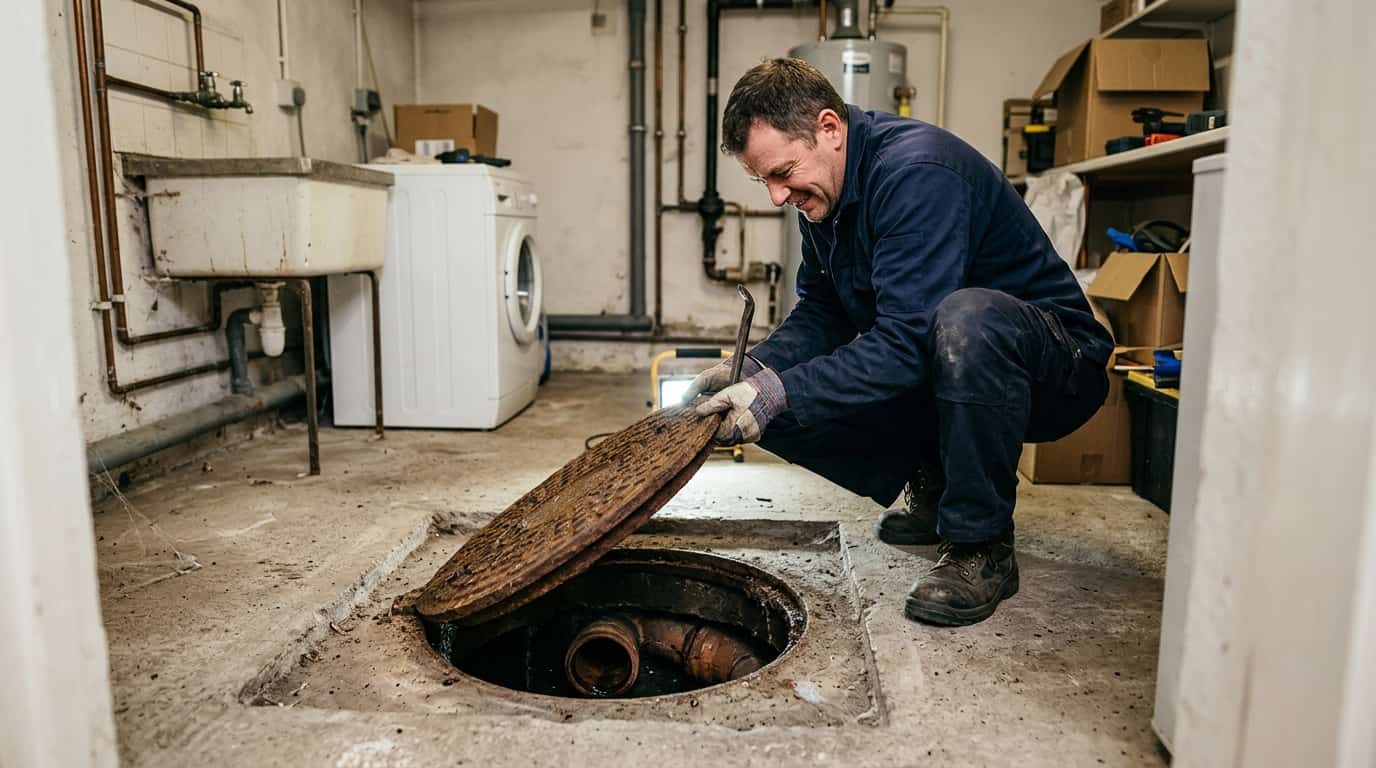 Cámara cloacal tapada con acumulación de agua y residuos