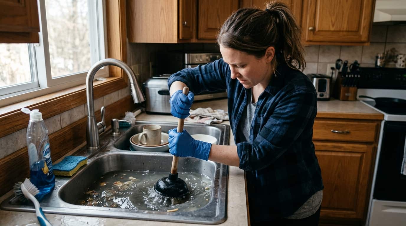 Pileta de cocina tapada y llena de agua esperando ayuda técnica - Openagua