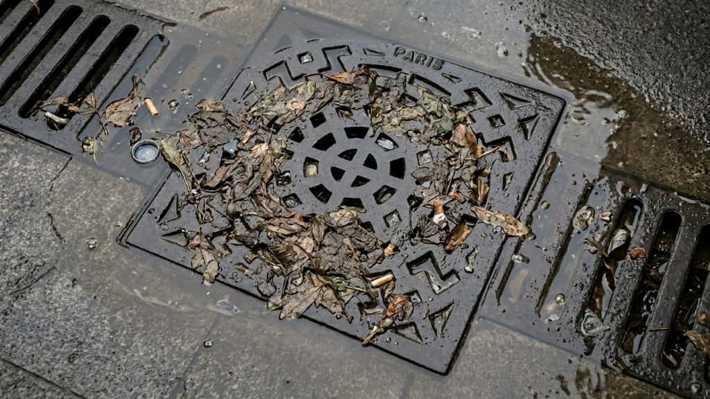 Rejilla de patio tapada por hojas y suciedad